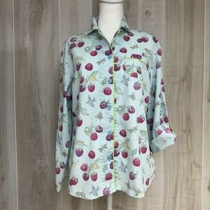 NICK & NORA Bluebird Raspberry Pajama Top S Rare Roll Up Sleeves Quiet Luxury